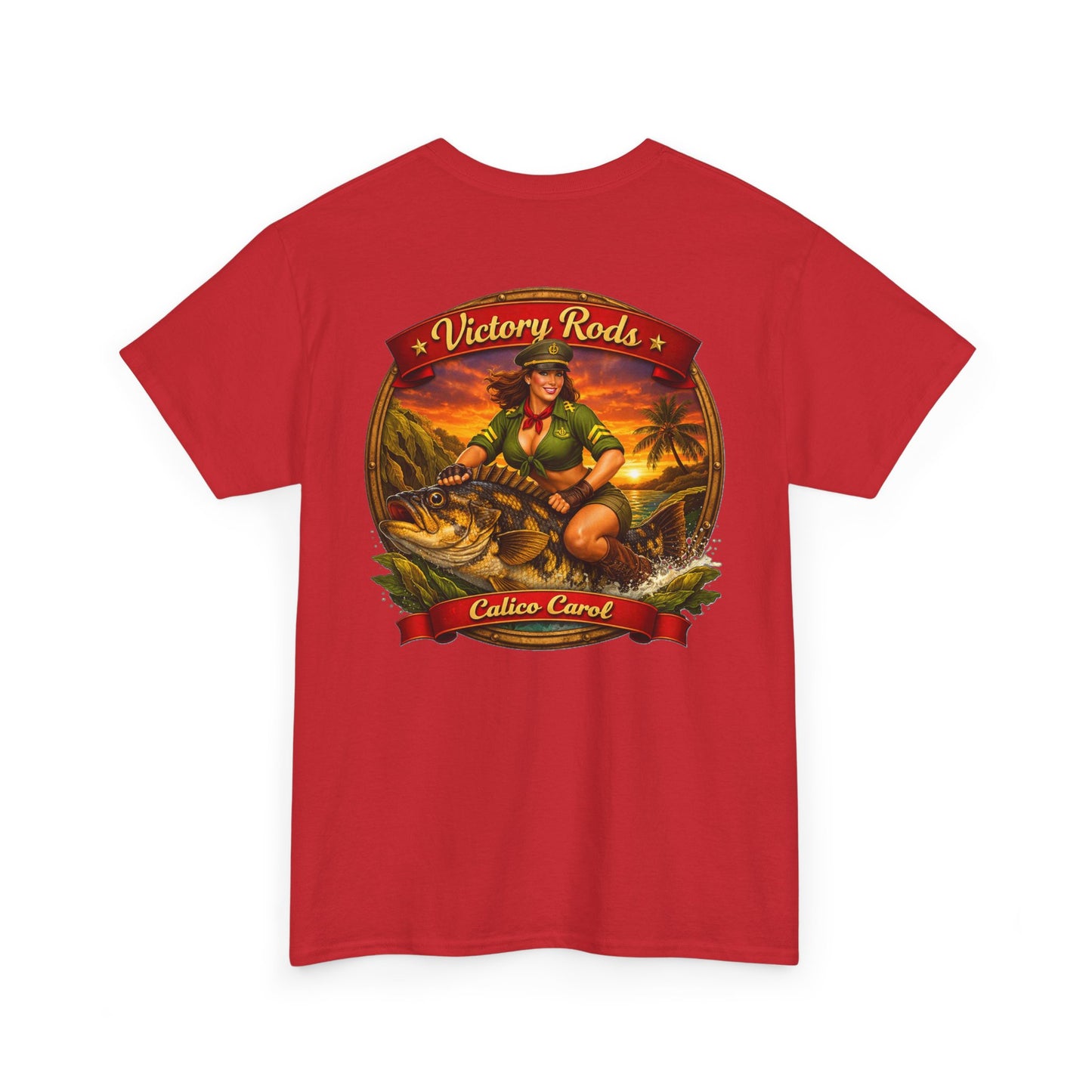 Vintage Pinup Fishing T-Shirt — “Victory Rods” Calico Carol Graphic Tee