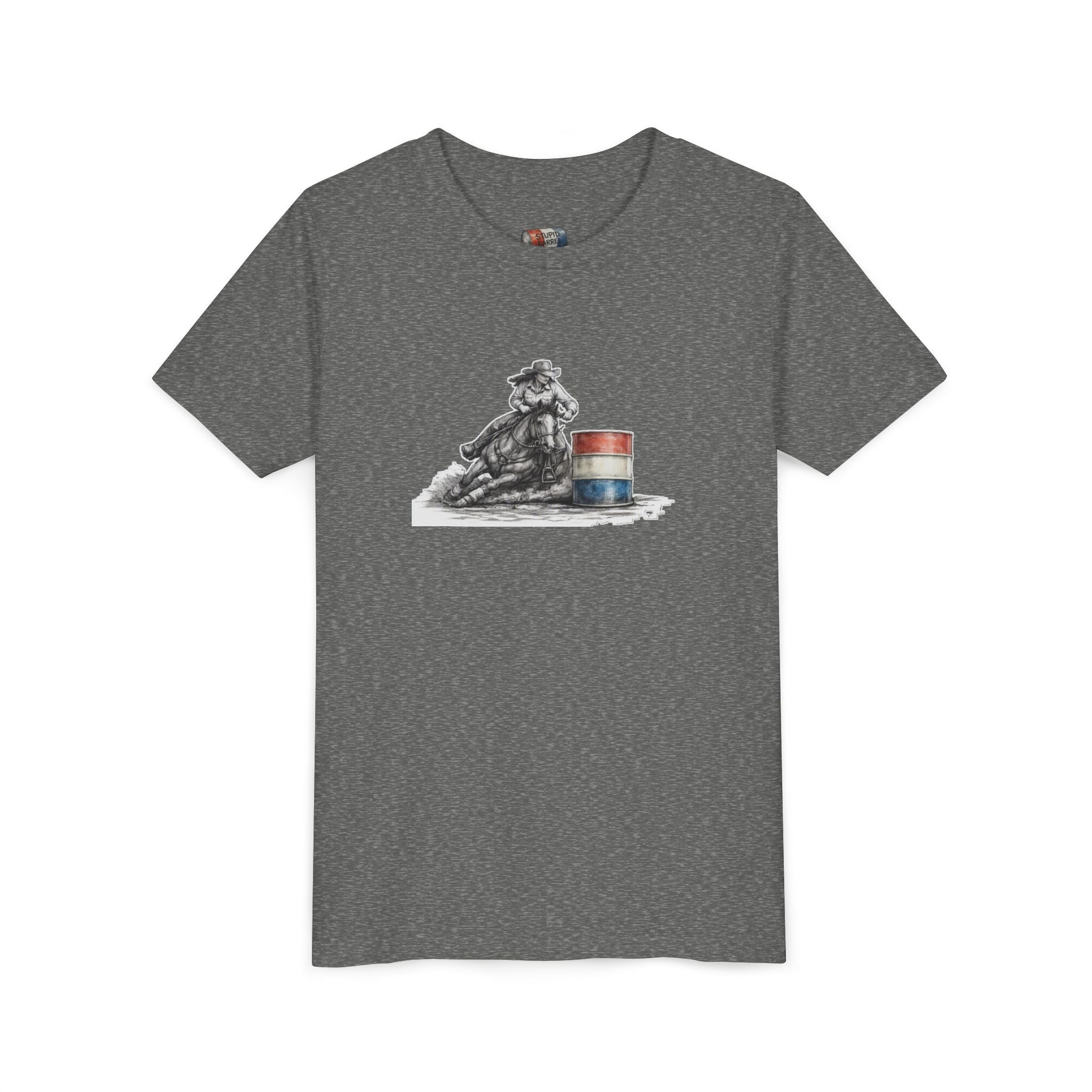 Youth Tee — Rodeo Cowgirl with Patriotic Barrel Graphic