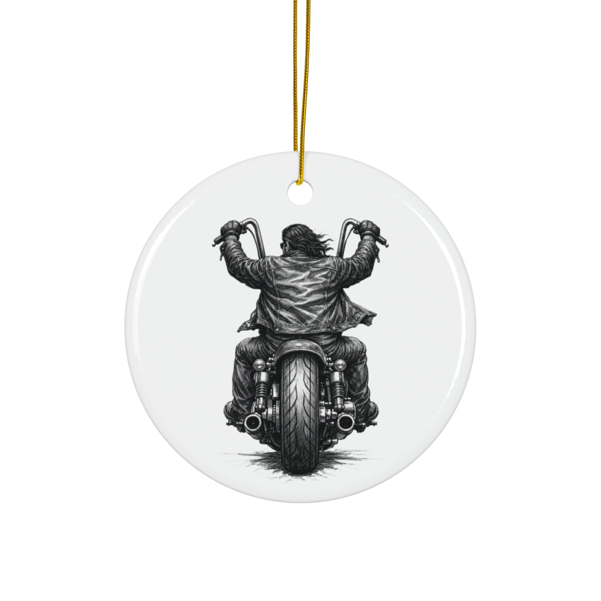 Biker Motorcycle Ceramic Ornament — Double-Sided Round Holiday Decoration