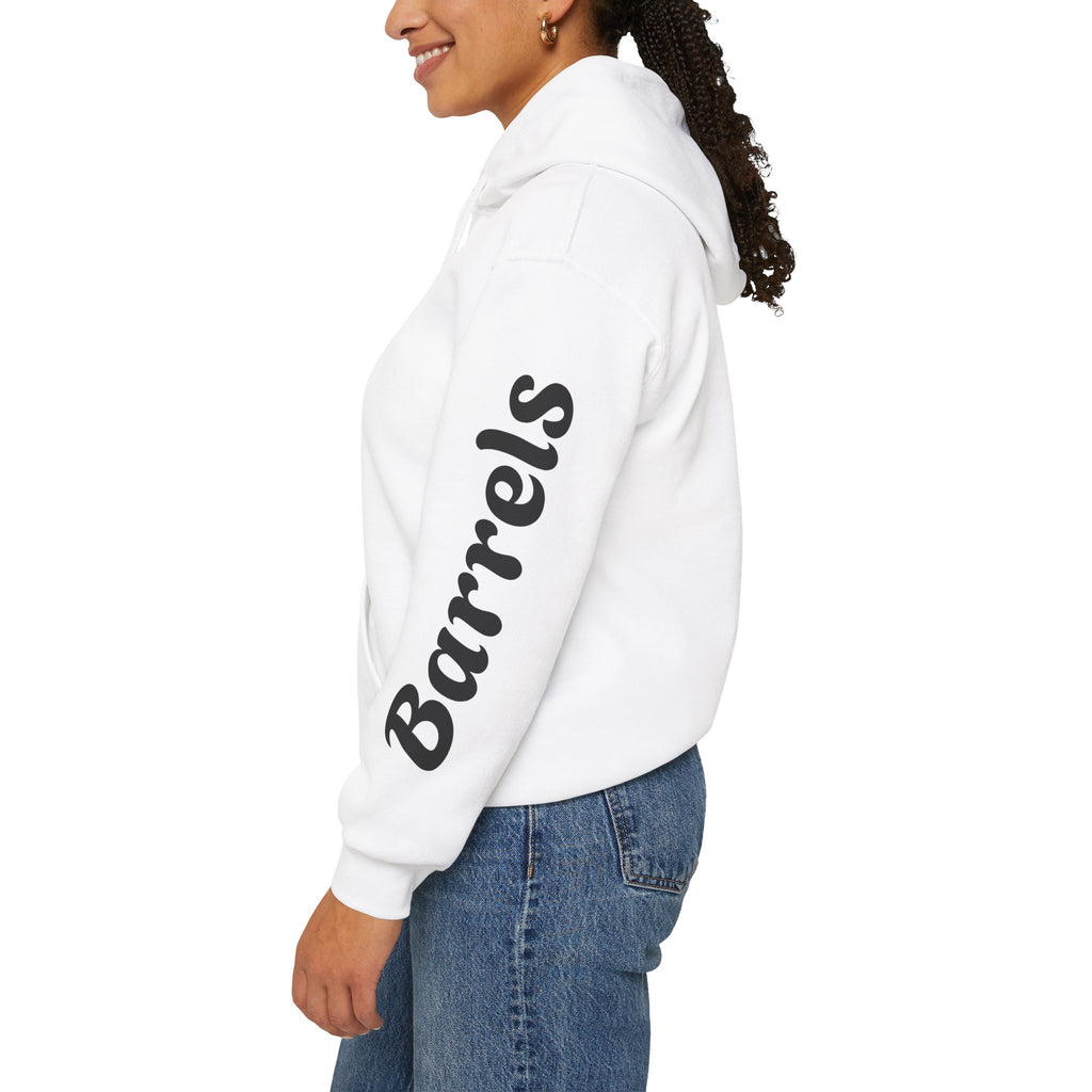 Cowgirl Barrel Racing Hoodie — Western Rodeo Pullover with 'barrels' Sleeve Text