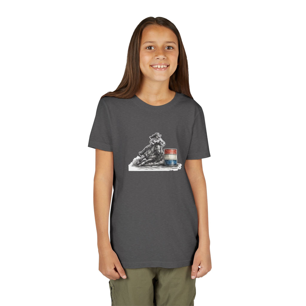 Youth Tee — Rodeo Cowgirl with Patriotic Barrel Graphic