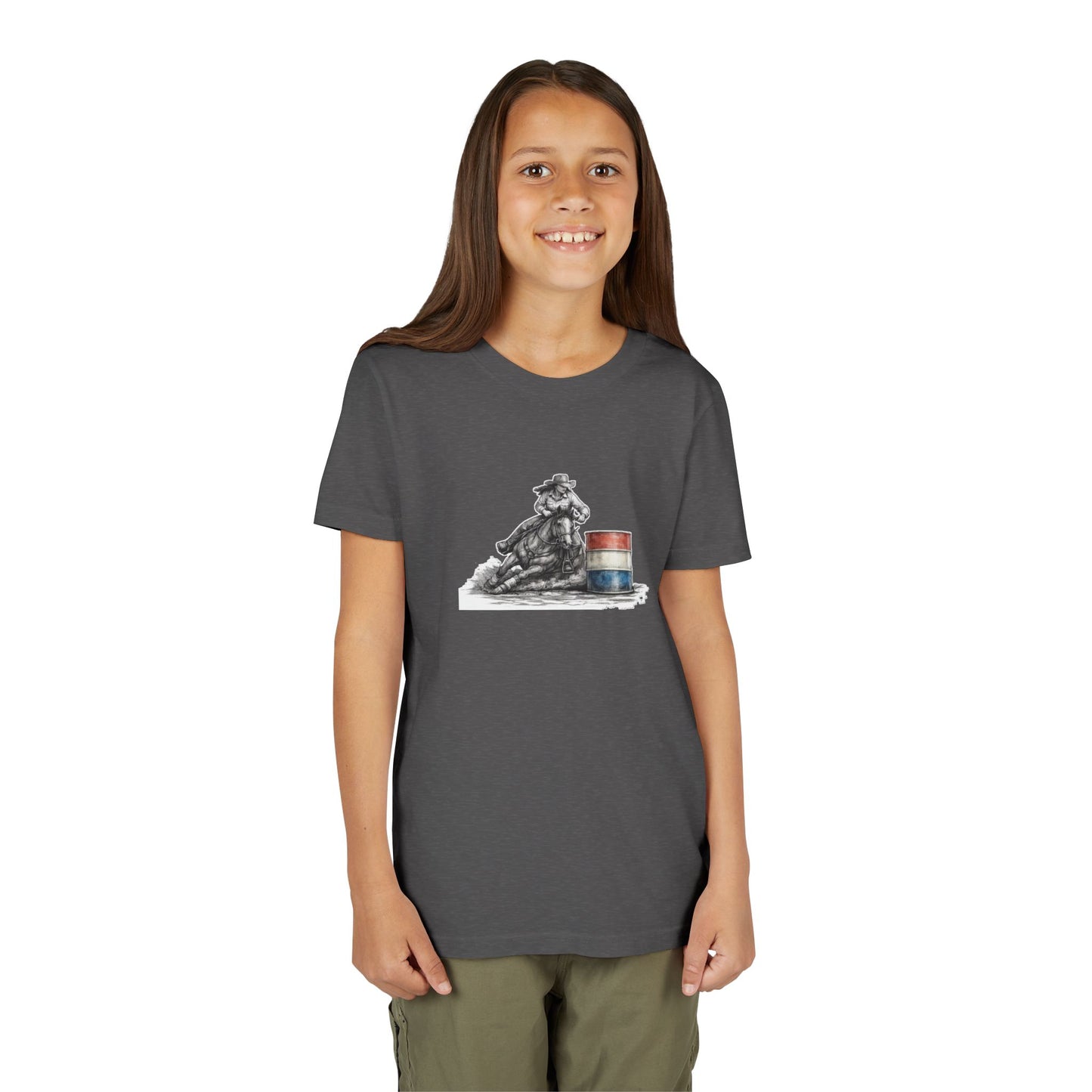 Youth Tee — Rodeo Cowgirl with Patriotic Barrel Graphic