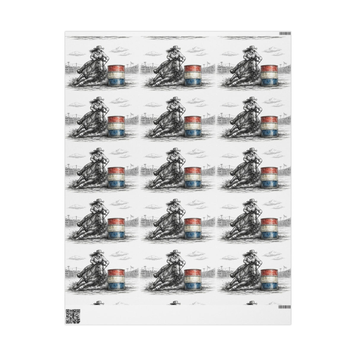 Barrel Racing Wrapping Paper Roll — Black Sketch Rodeo Gift Wrap