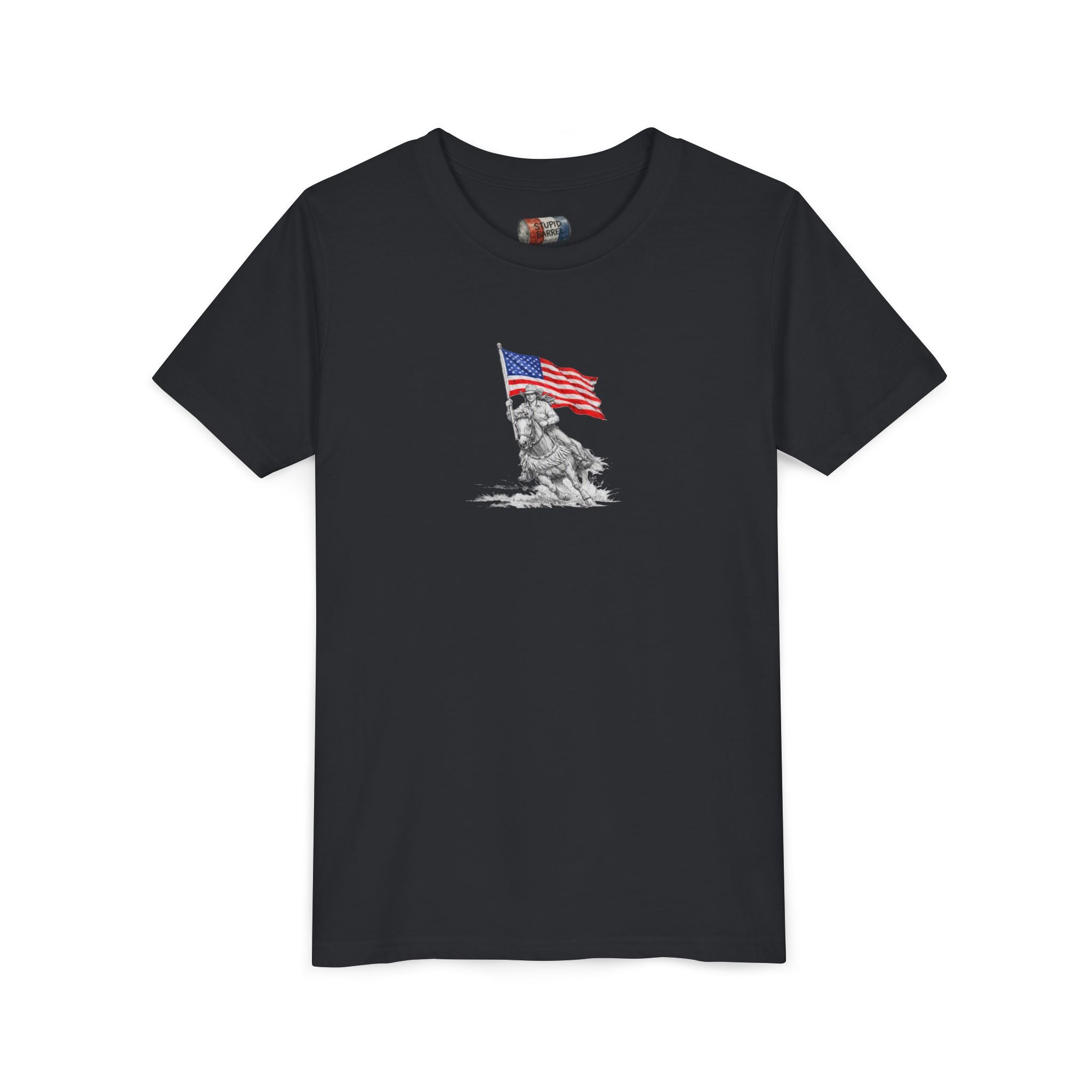 Youth Tee — Rodeo Bull Rider with Patriotic Barrel Graphic