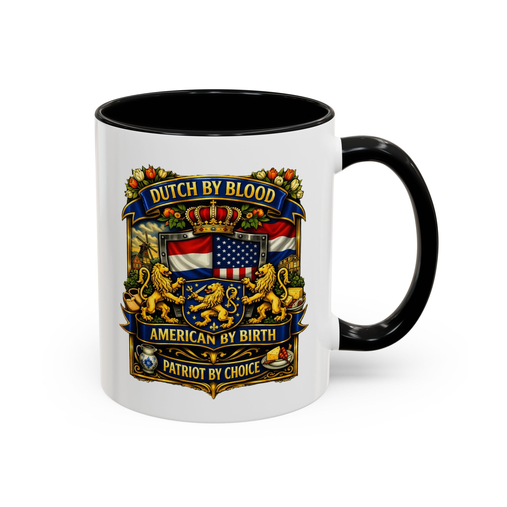 Dutch/American Pride Mug with Vintage Botanical Crest Design
