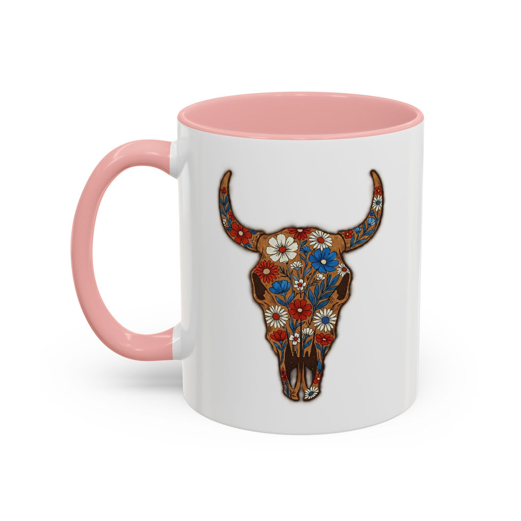 Red, White and Blue Floral Bull Skull Coffee Mug — Southwestern Accent 11/15oz