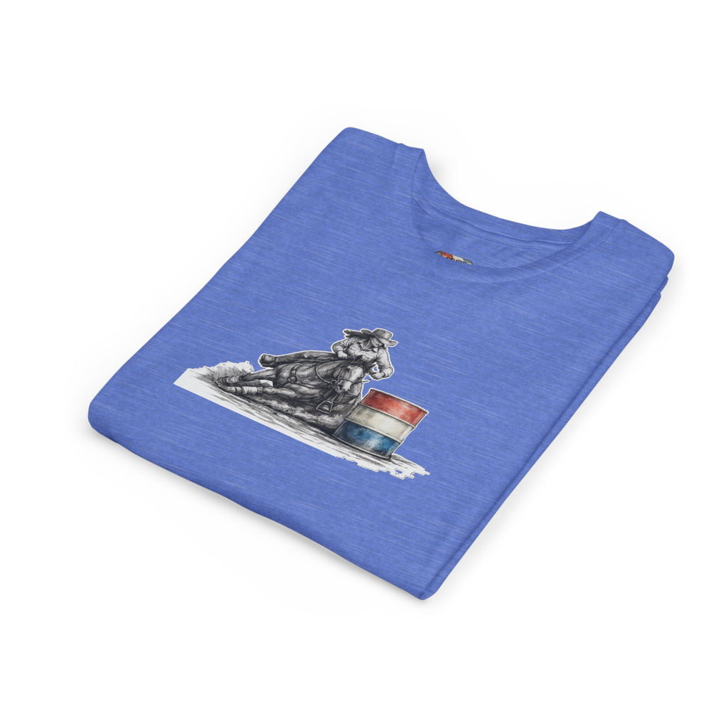 Youth Tee — Rodeo Cowgirl with Patriotic Barrel Graphic