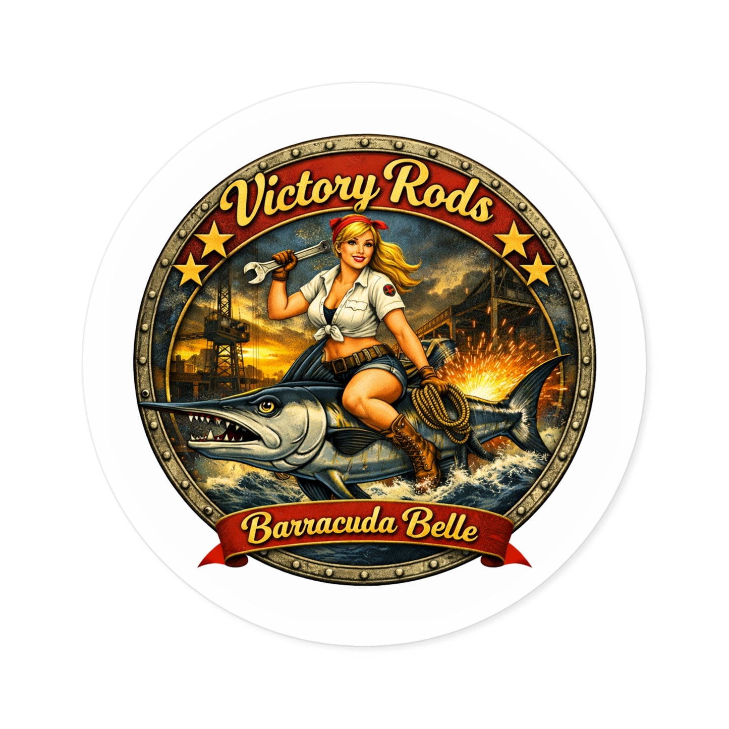 Barracuda Belle Round Sticker — Vintage Pin-Up Fishing Logo (Indoor/Outdoor)