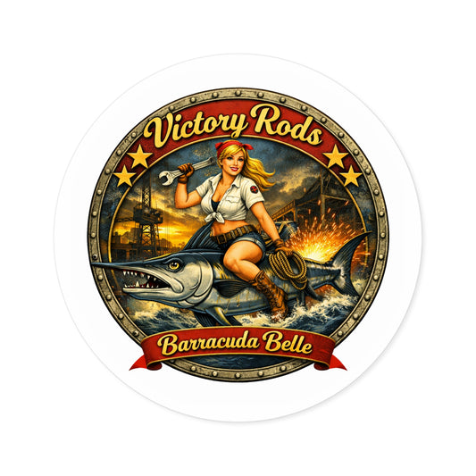 Barracuda Belle Round Sticker — Vintage Pin-Up Fishing Logo (Indoor/Outdoor)