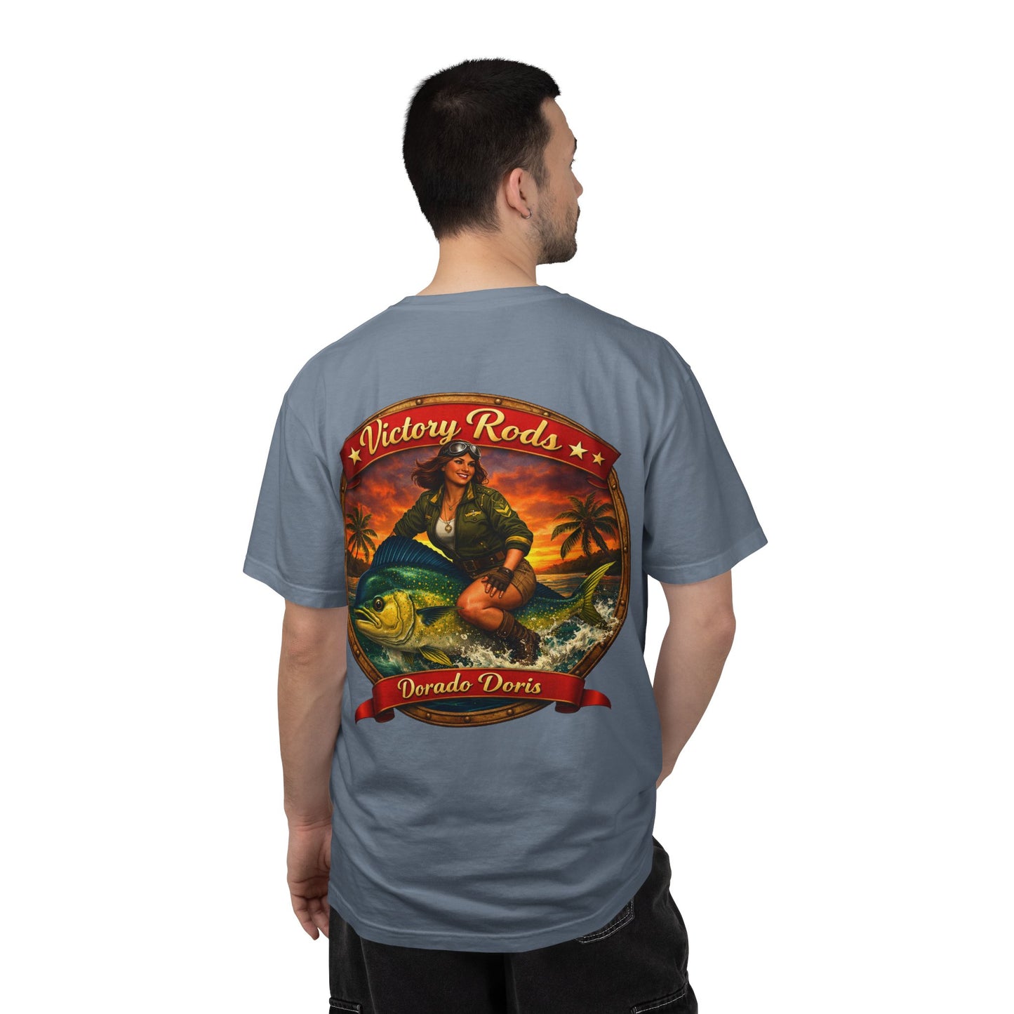 Victory Rods "Dorado Doris" Fishing T-Shirt — Retro Pinup Angler Tee