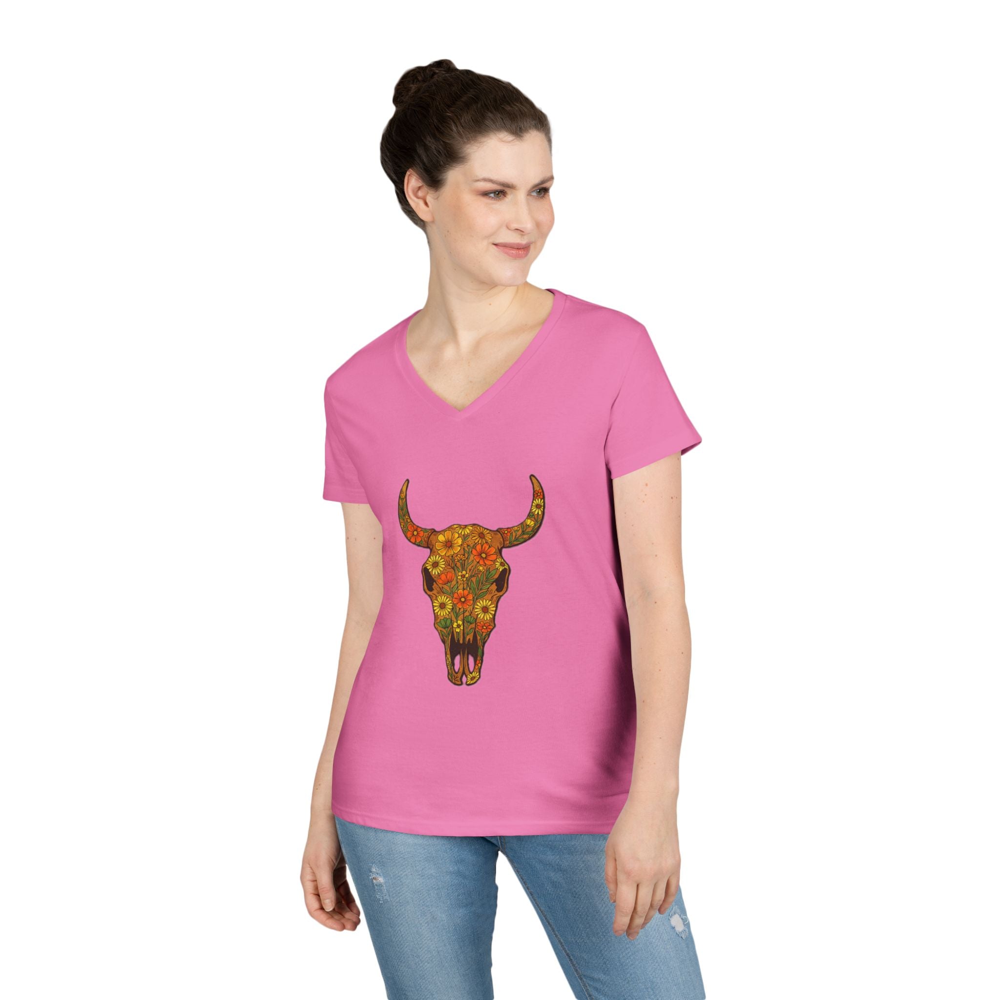 Floral Autumn Colors Bull Skull V-Neck Tee