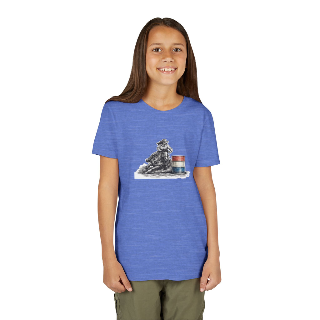 Youth Tee — Rodeo Cowgirl with Patriotic Barrel Graphic