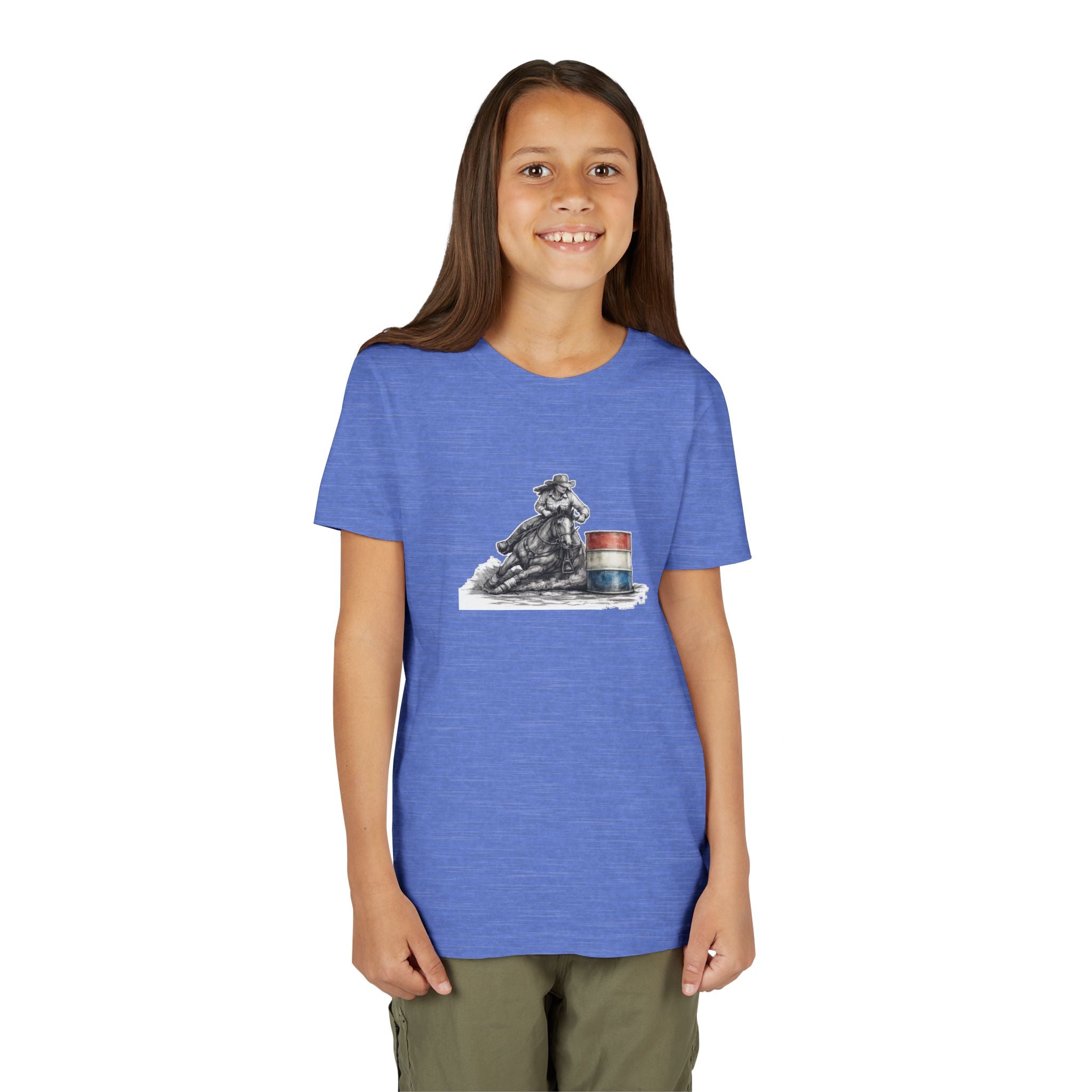 Youth Tee — Rodeo Cowgirl with Patriotic Barrel Graphic