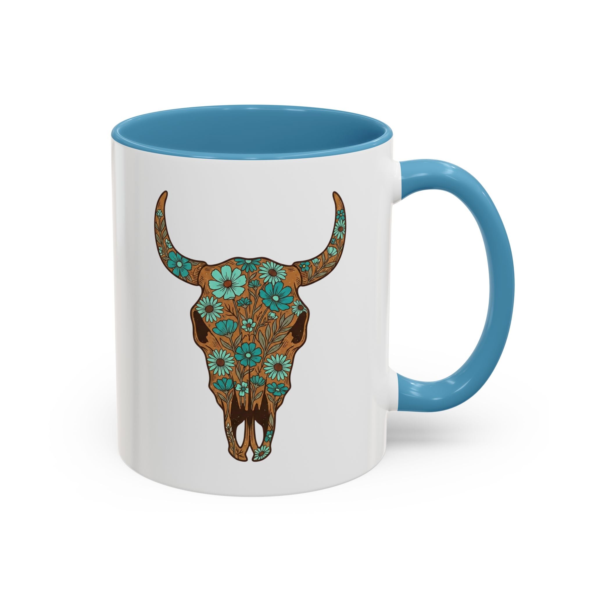 Turquoise Floral Bull Skull Coffee Mug — Southwestern Accent 11/15oz