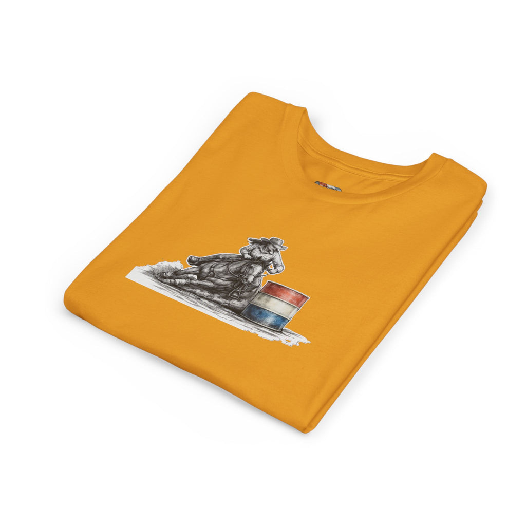 Youth Tee — Rodeo Cowgirl with Patriotic Barrel Graphic