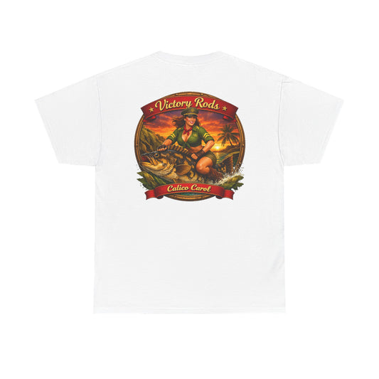 Vintage Pinup Fishing T-Shirt — “Victory Rods” Calico Carol Graphic Tee