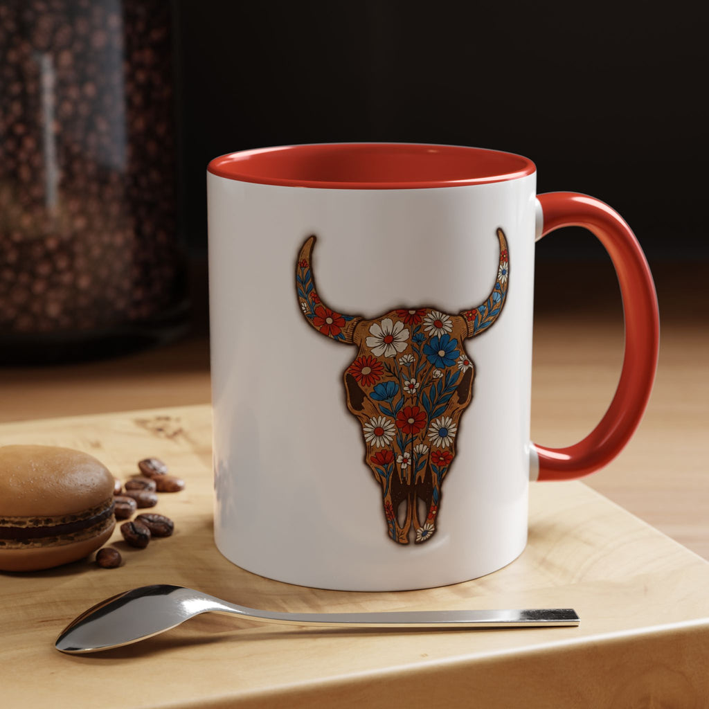 Red, White and Blue Floral Bull Skull Coffee Mug — Southwestern Accent 11/15oz
