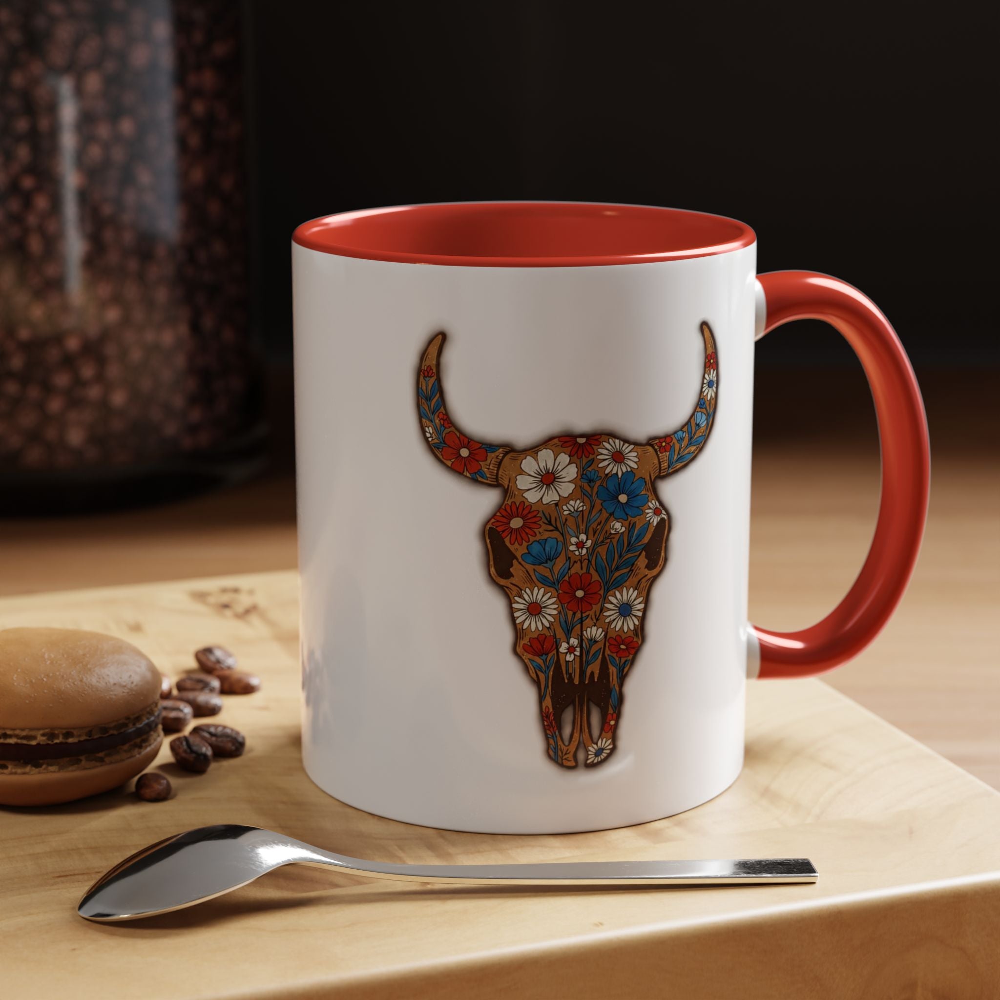 Red, White and Blue Floral Bull Skull Coffee Mug — Southwestern Accent 11/15oz