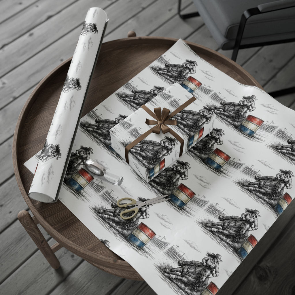 Barrel Racing Wrapping Paper Roll — Black Sketch Rodeo Gift Wrap