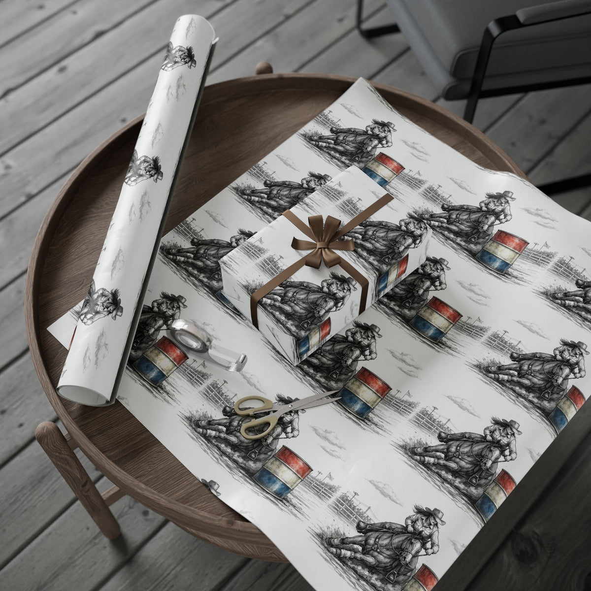 Barrel Racing Wrapping Paper Roll — Black Sketch Rodeo Gift Wrap