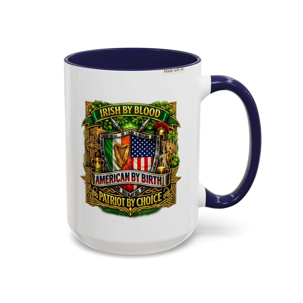 Irish Pride Coffee Mug — "Irish by Blood, American by Birth, Patriot by Choice" Patriotic Ceramic Mug