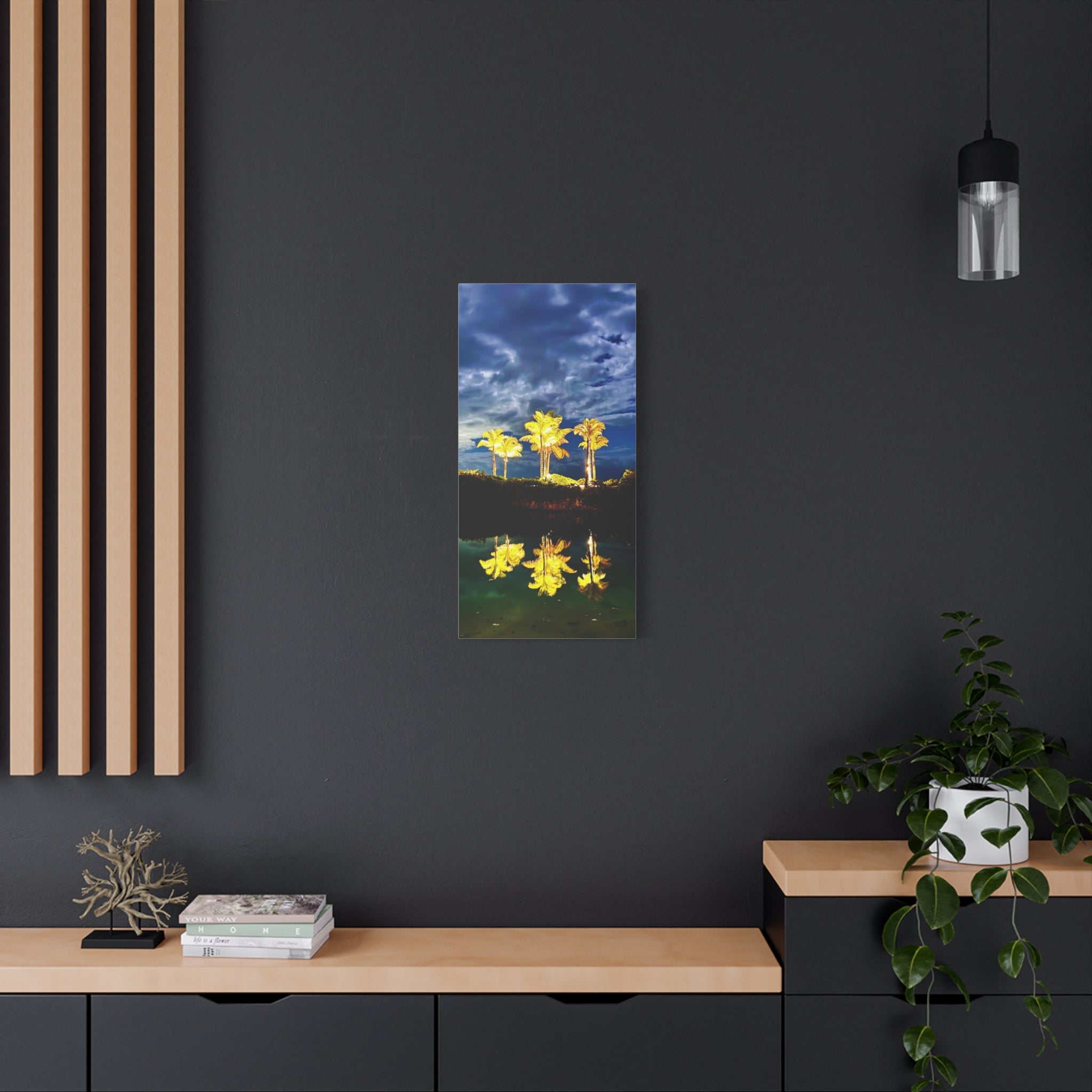Palm Tree Reflection Matte Canvas Wall Art — Quanta Roo, Tropical Evening