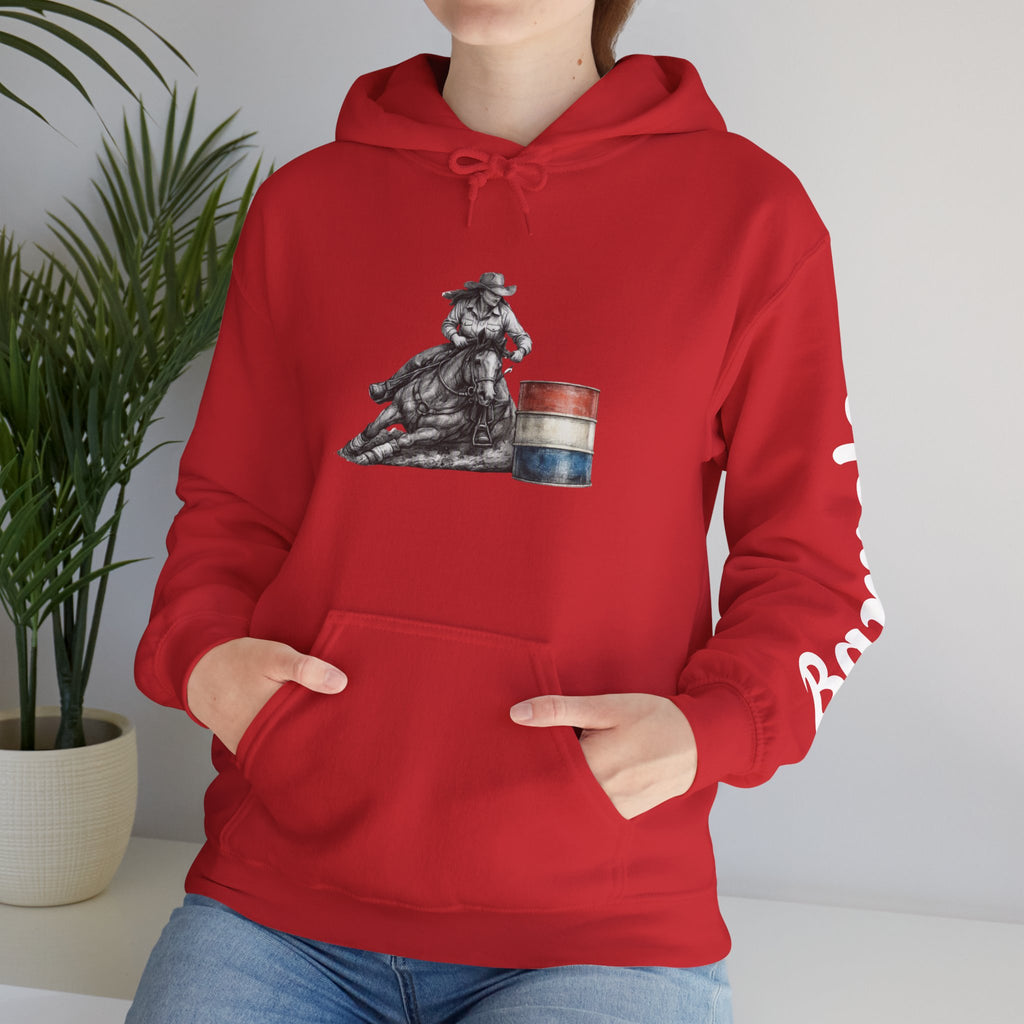 Cowgirl Barrel Racing Hoodie — Western Rodeo Pullover with 'barrels' Sleeve Text