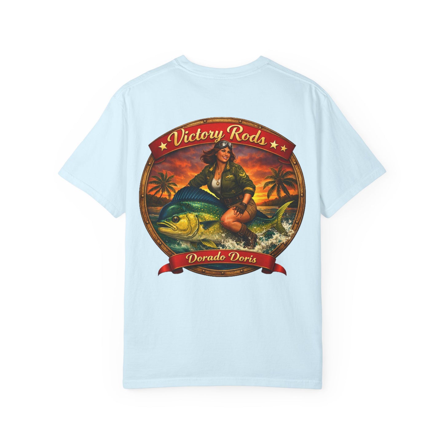Victory Rods "Dorado Doris" Fishing T-Shirt — Retro Pinup Angler Tee