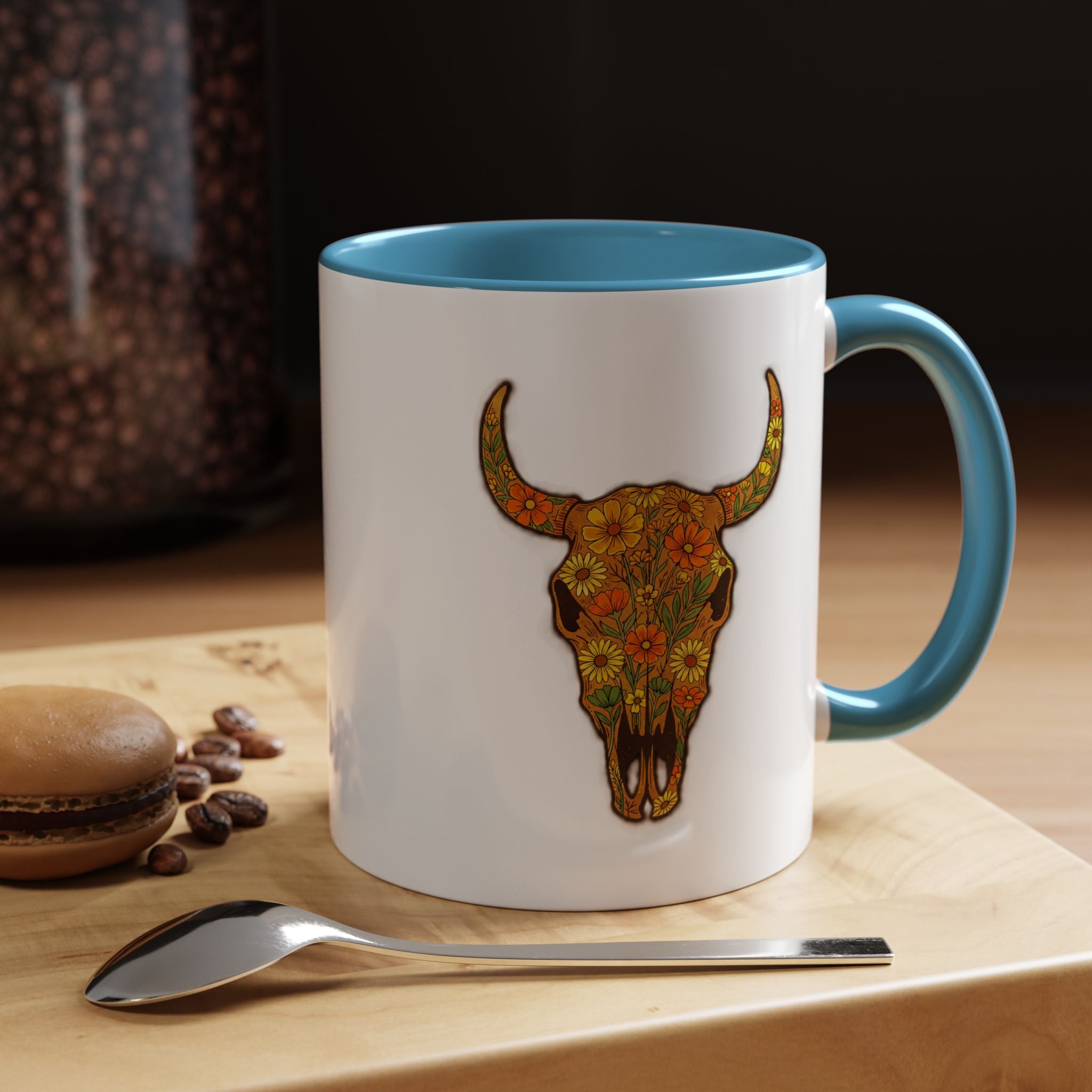 Copy of Turquoise Floral Bull Skull Coffee Mug — Southwestern Accent 11/15oz