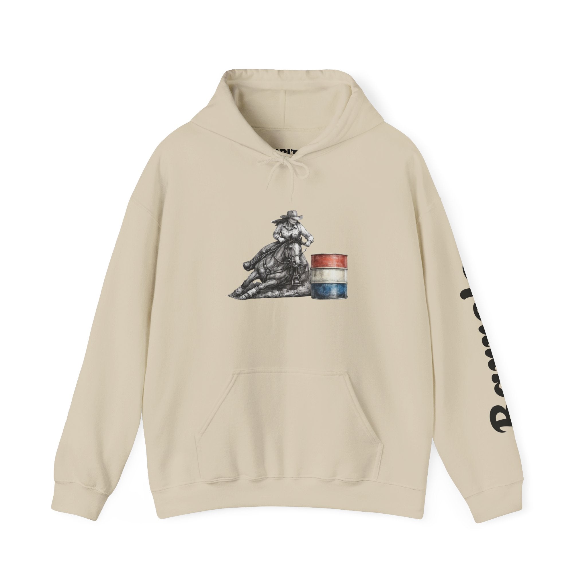 Cowgirl Barrel Racing Hoodie — Western Rodeo Pullover with 'barrels' Sleeve Text