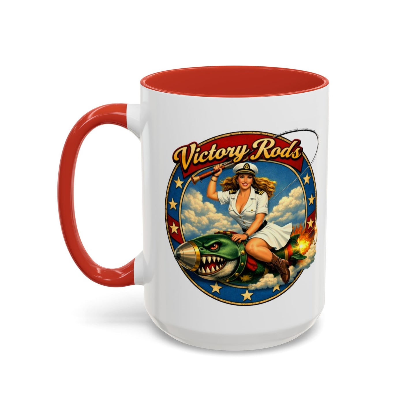 Victory Rods Sportfisherman's WWII Nose Art Pin-Up Illustration Mug | Ceramic Coffee Cup