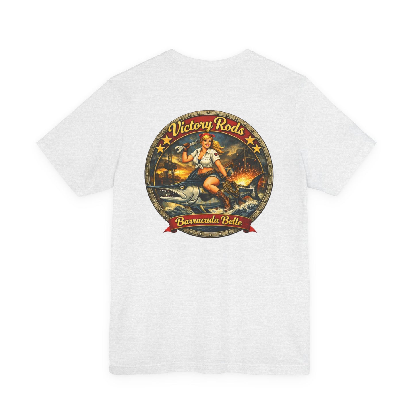Barracuda Belle Vintage Pinup Tee — Victory Rods Motorcycle T‑Shirt