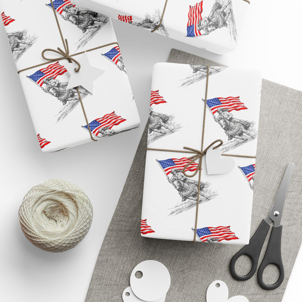 Grand Entry Cowgirl Wrapping Paper Roll — Red, White & Blue, Black Sketch Rodeo Gift Wrap