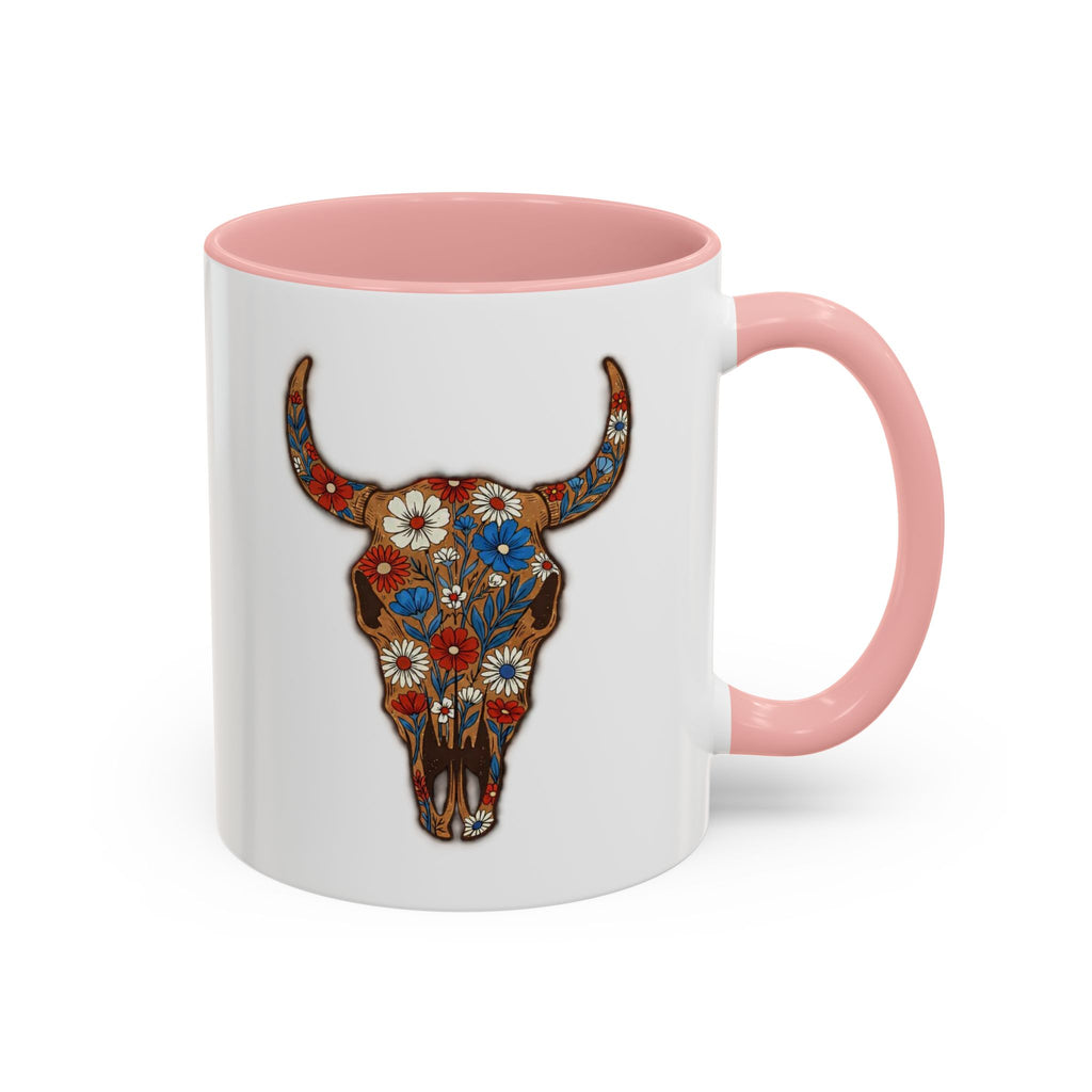 Red, White and Blue Floral Bull Skull Coffee Mug — Southwestern Accent 11/15oz