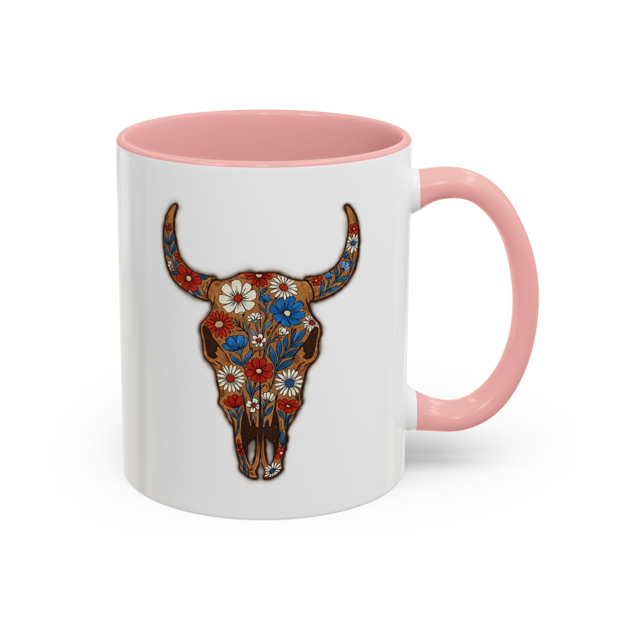 Red, White and Blue Floral Bull Skull Coffee Mug — Southwestern Accent 11/15oz