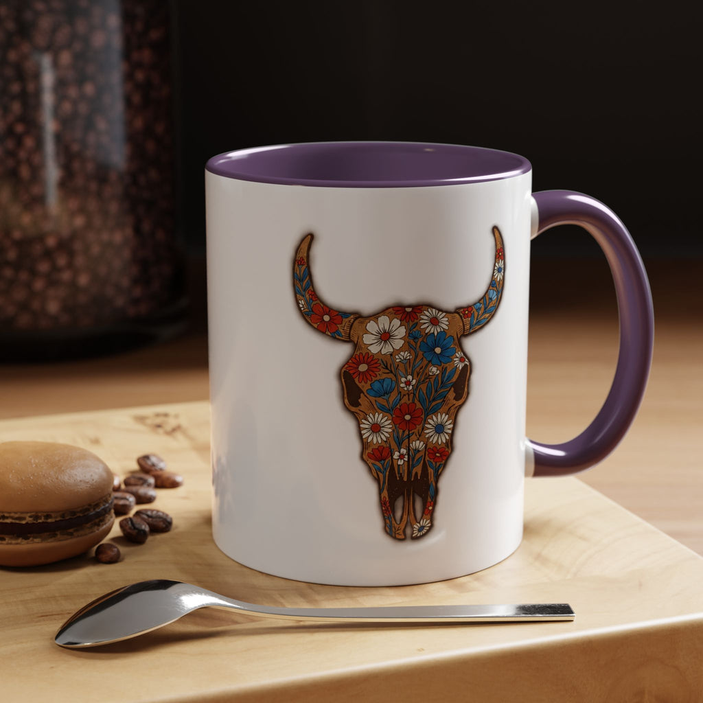 Red, White and Blue Floral Bull Skull Coffee Mug — Southwestern Accent 11/15oz