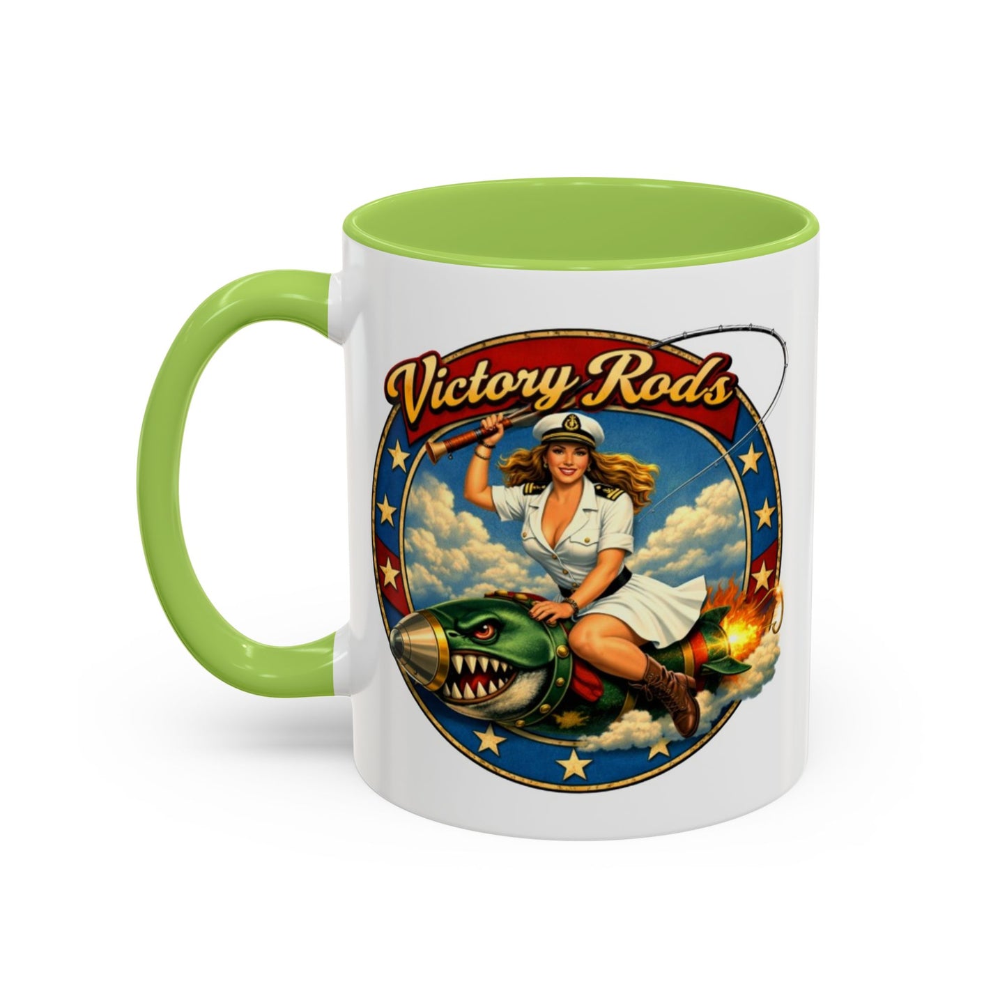 Victory Rods Sportfisherman's WWII Nose Art Pin-Up Illustration Mug | Ceramic Coffee Cup