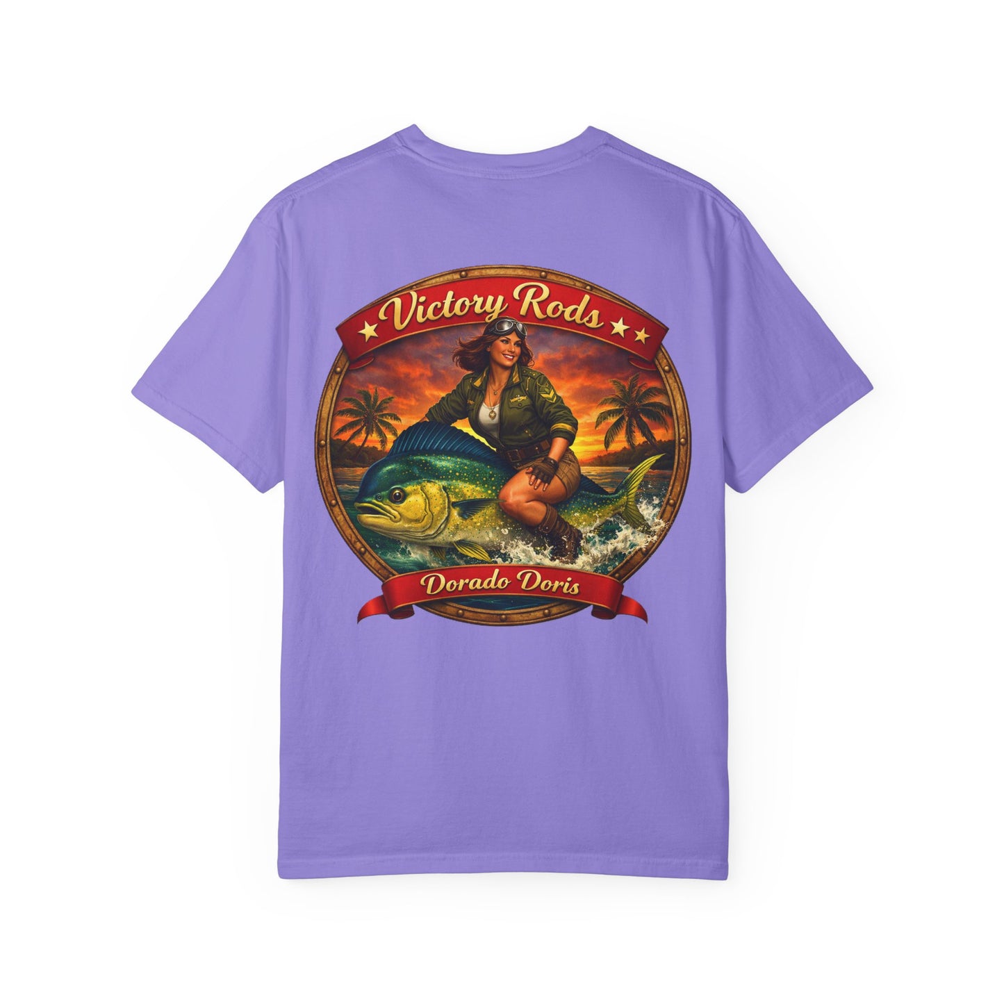 Victory Rods "Dorado Doris" Fishing T-Shirt — Retro Pinup Angler Tee