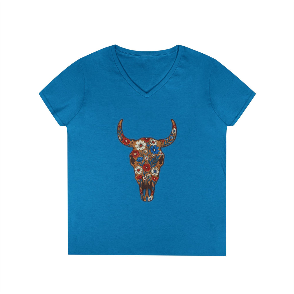 Floral Bull Skull V-Neck Tee