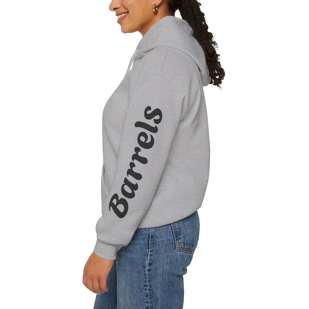 Cowgirl Barrel Racing Hoodie — Western Rodeo Pullover with 'barrels' Sleeve Text