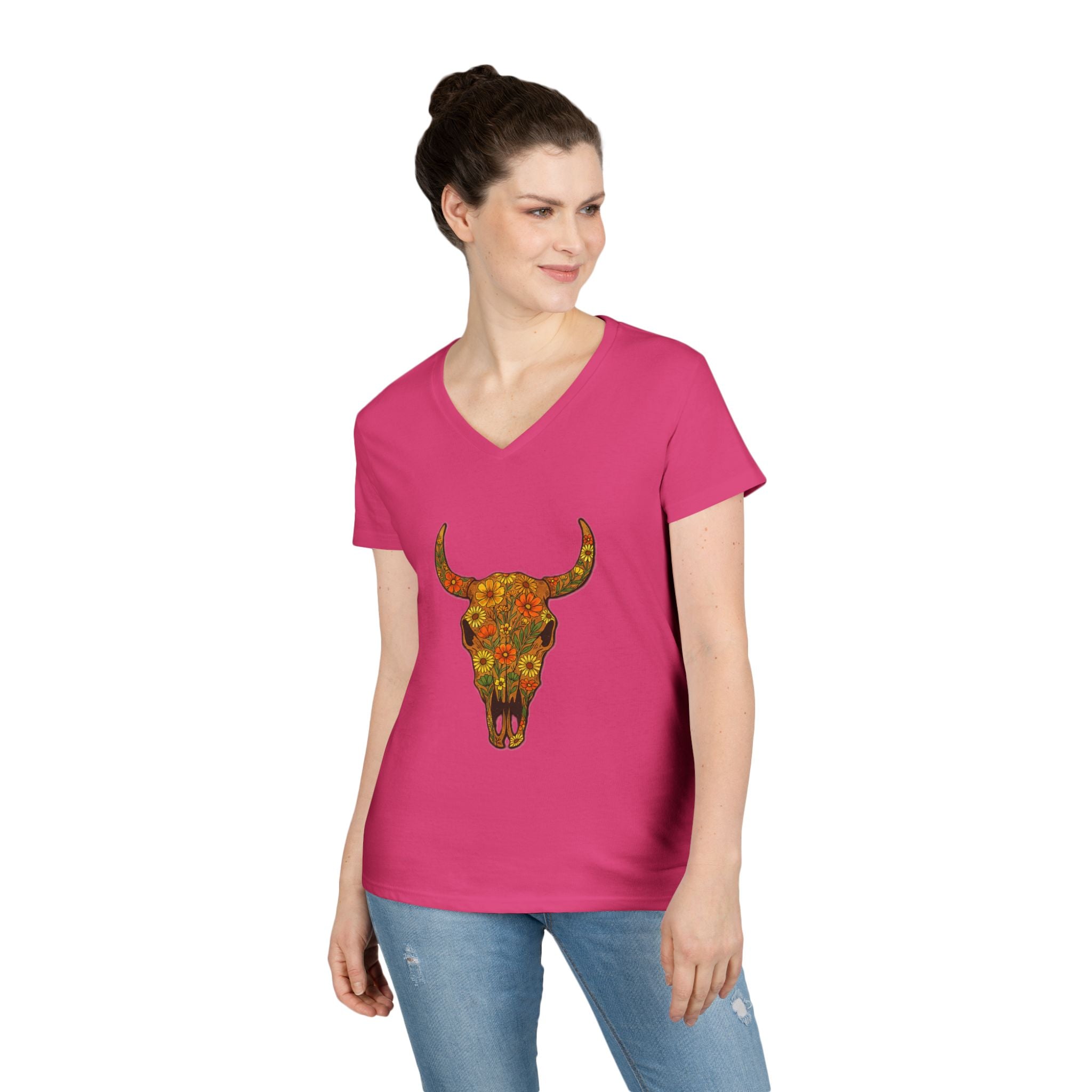 Floral Autumn Colors Bull Skull V-Neck Tee