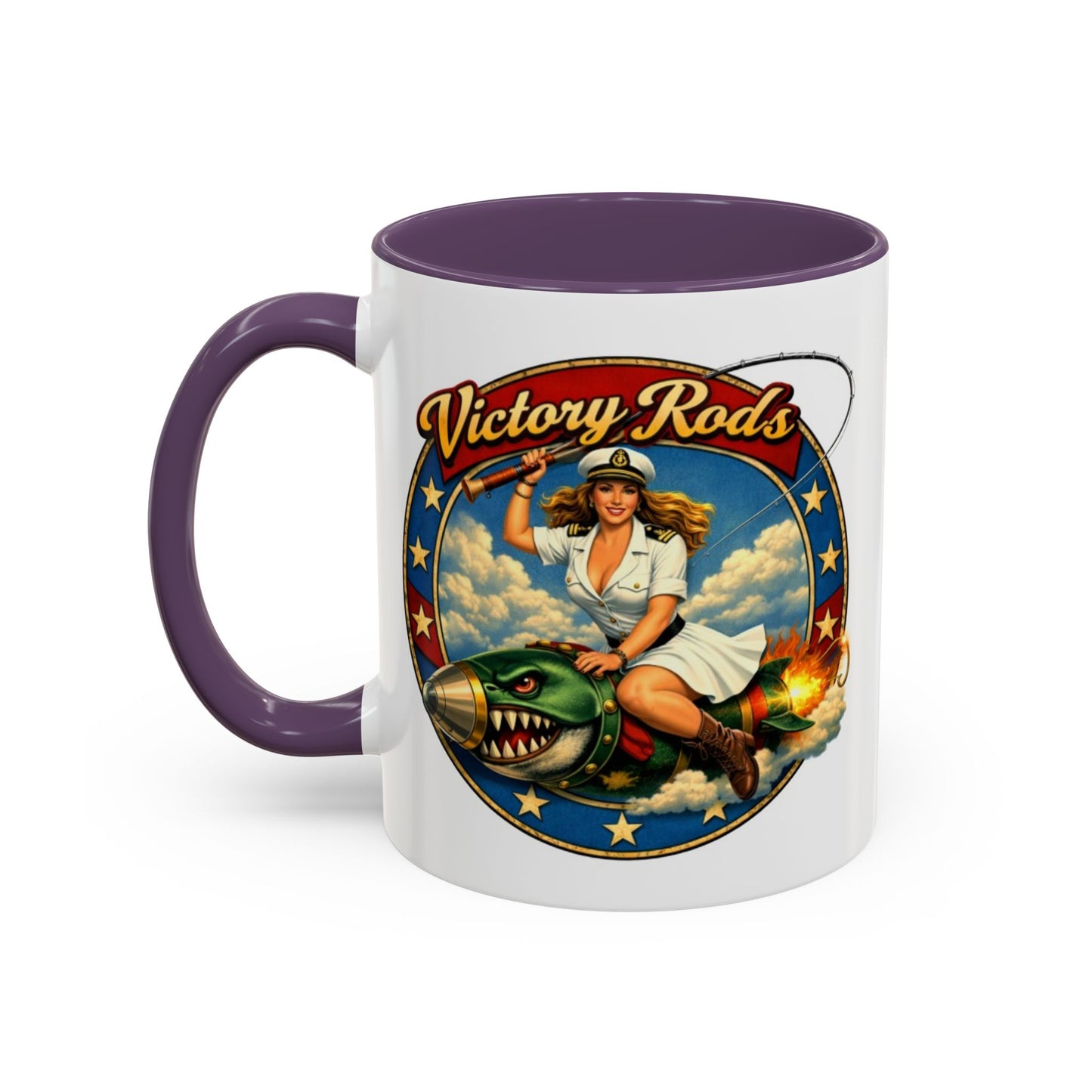 Victory Rods Sportfisherman's WWII Nose Art Pin-Up Illustration Mug | Ceramic Coffee Cup