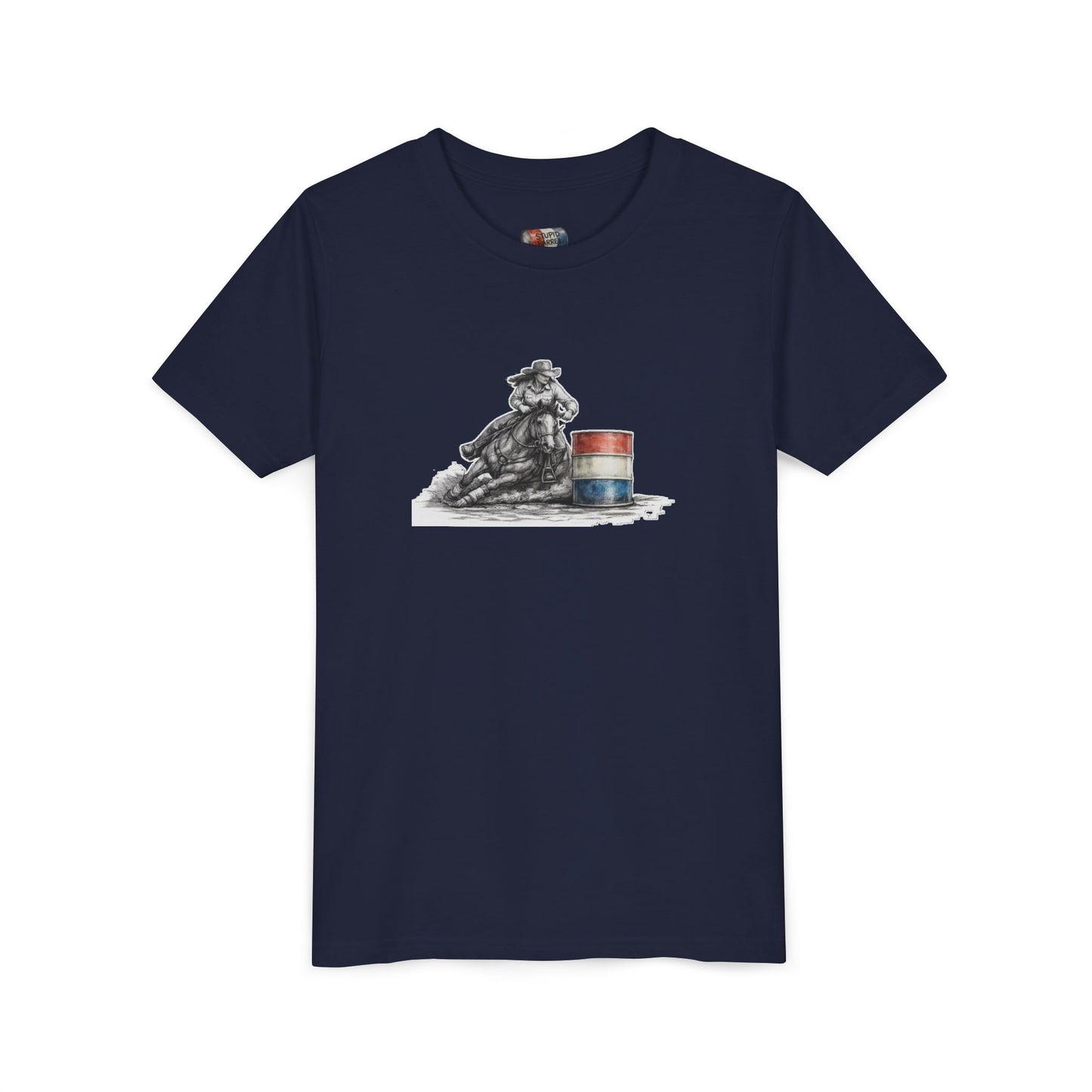 Youth Tee — Rodeo Cowgirl with Patriotic Barrel Graphic