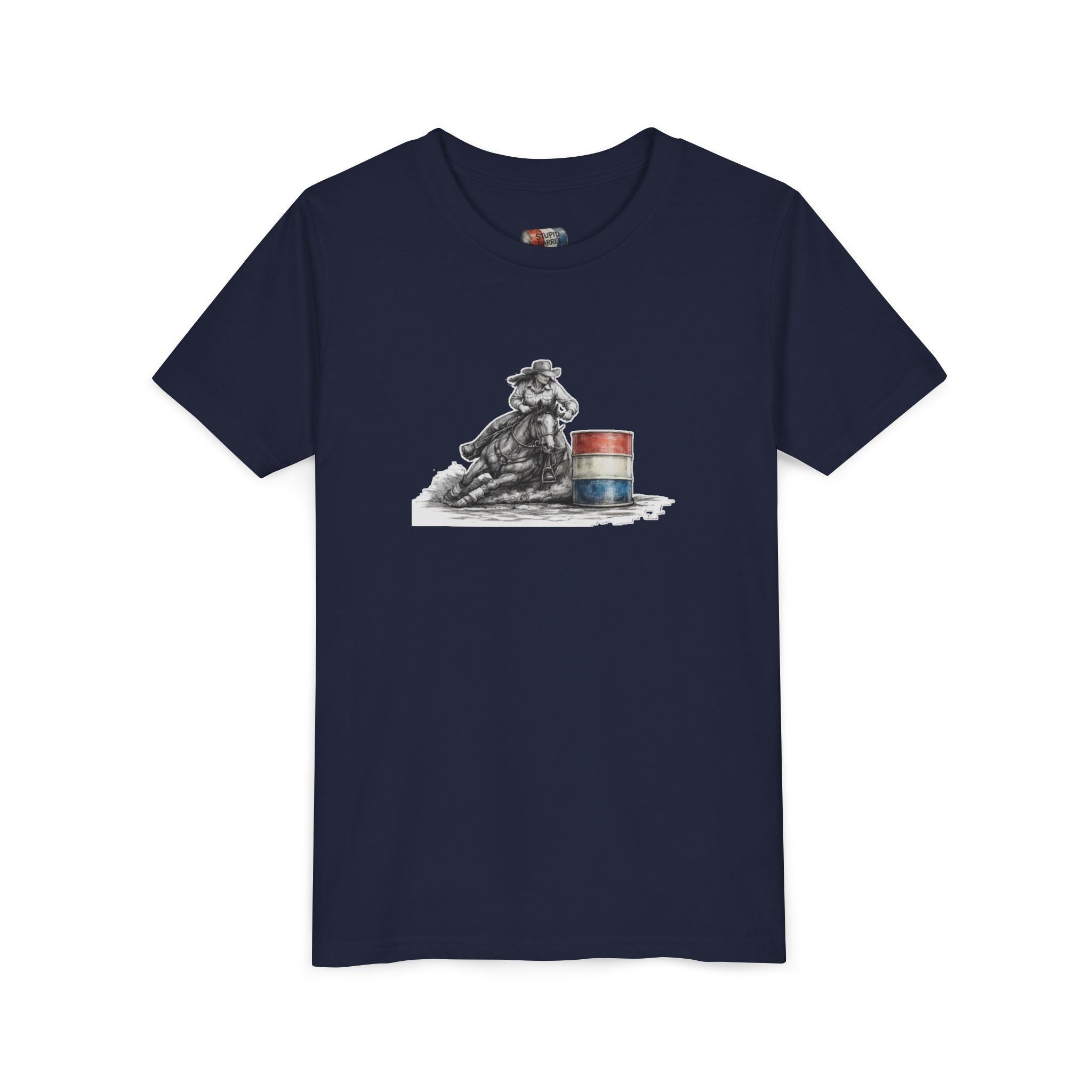 Youth Tee — Rodeo Cowgirl with Patriotic Barrel Graphic