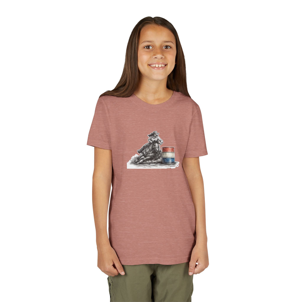 Youth Tee — Rodeo Cowgirl with Patriotic Barrel Graphic