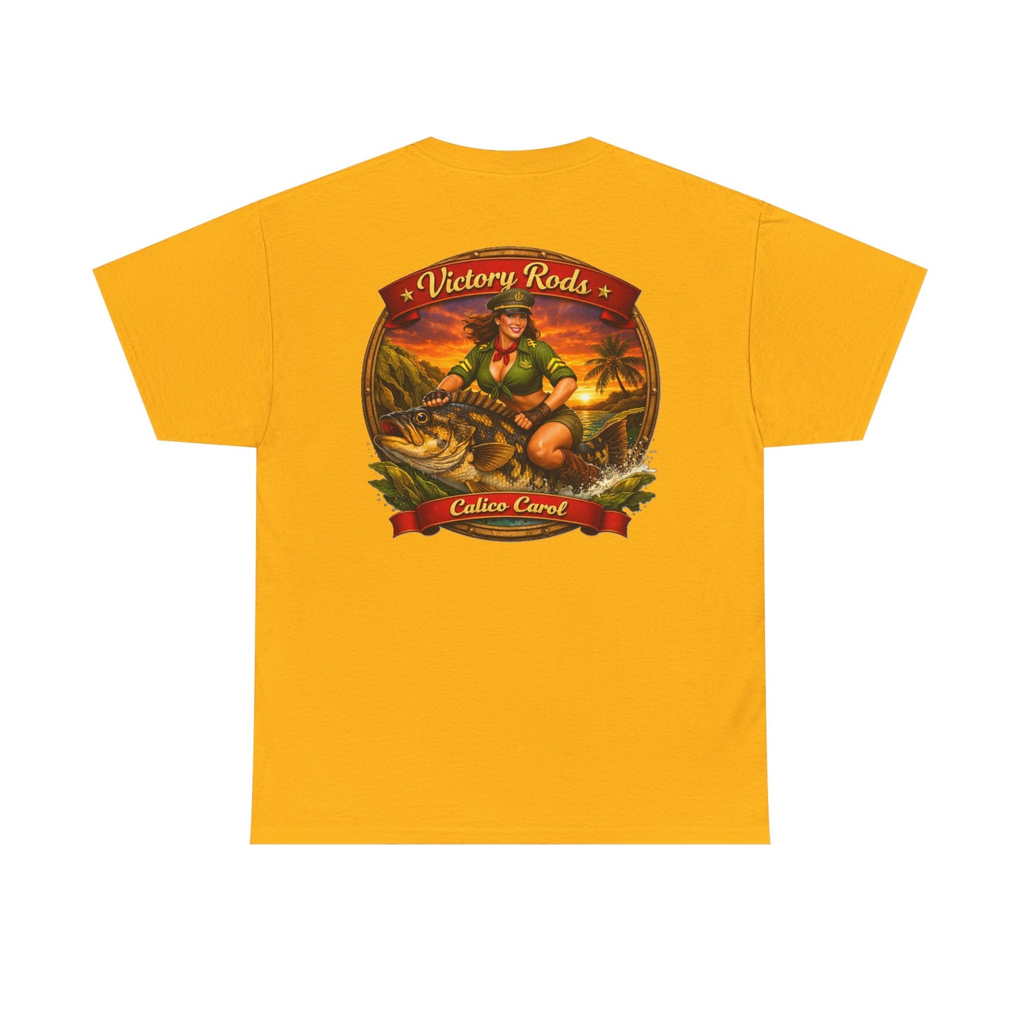 Vintage Pinup Fishing T-Shirt — “Victory Rods” Calico Carol Graphic Tee