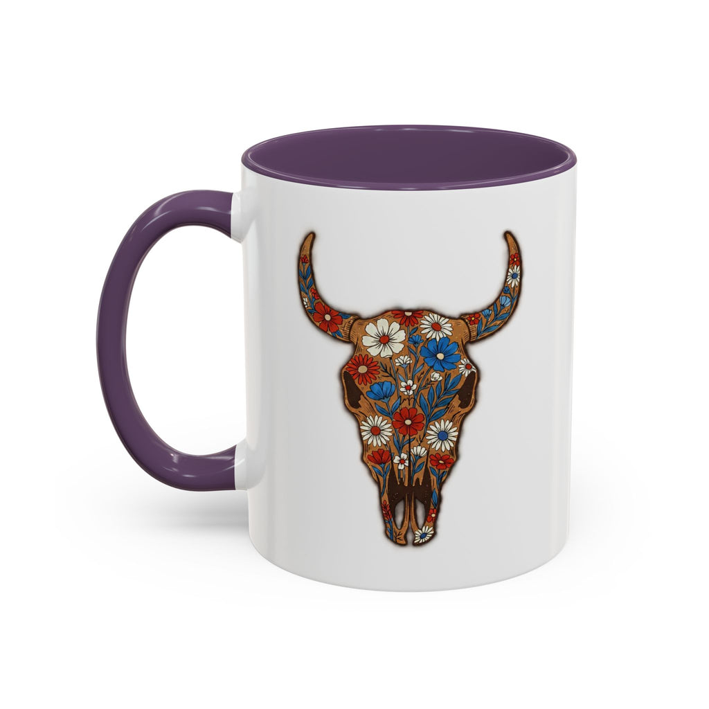 Red, White and Blue Floral Bull Skull Coffee Mug — Southwestern Accent 11/15oz