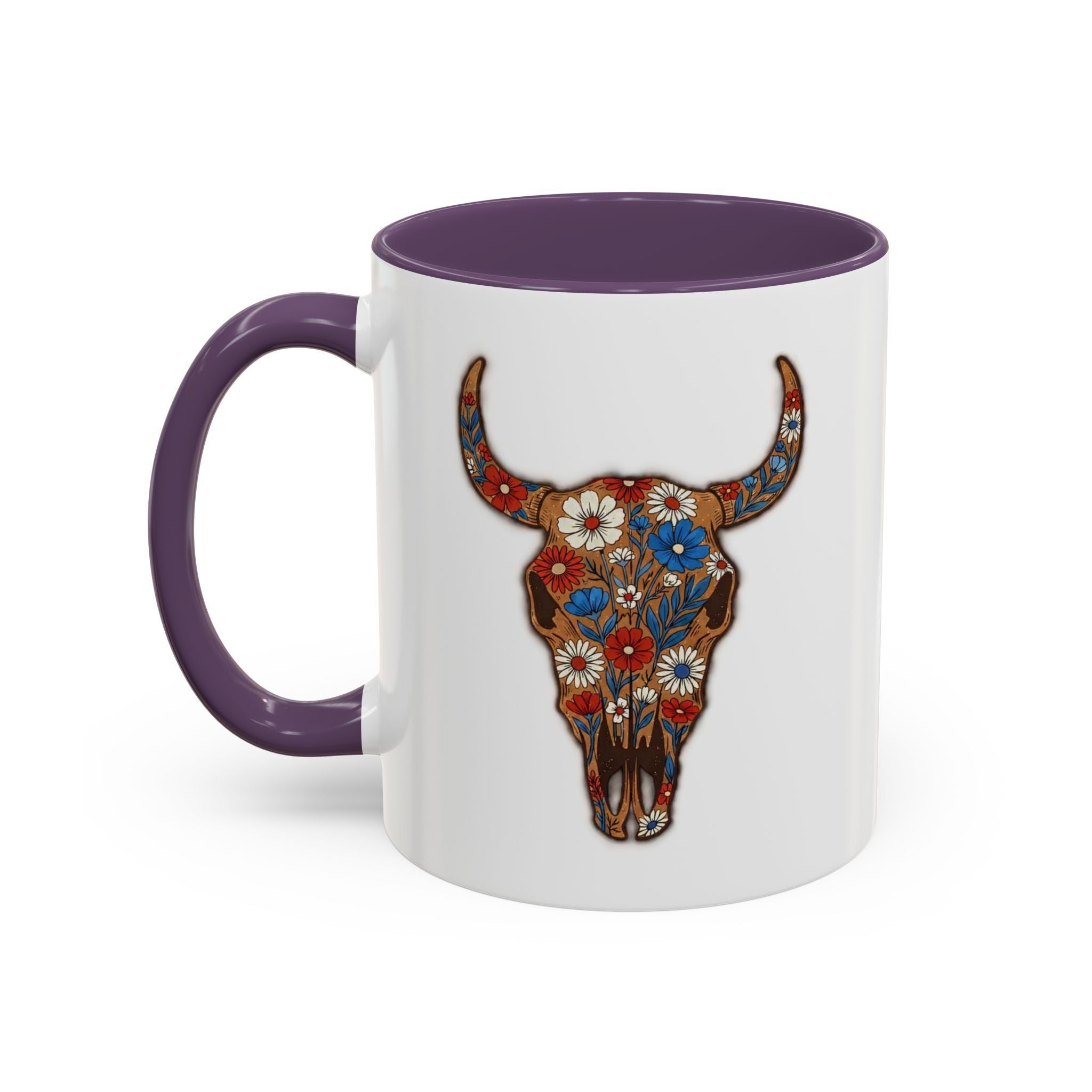 Red, White and Blue Floral Bull Skull Coffee Mug — Southwestern Accent 11/15oz