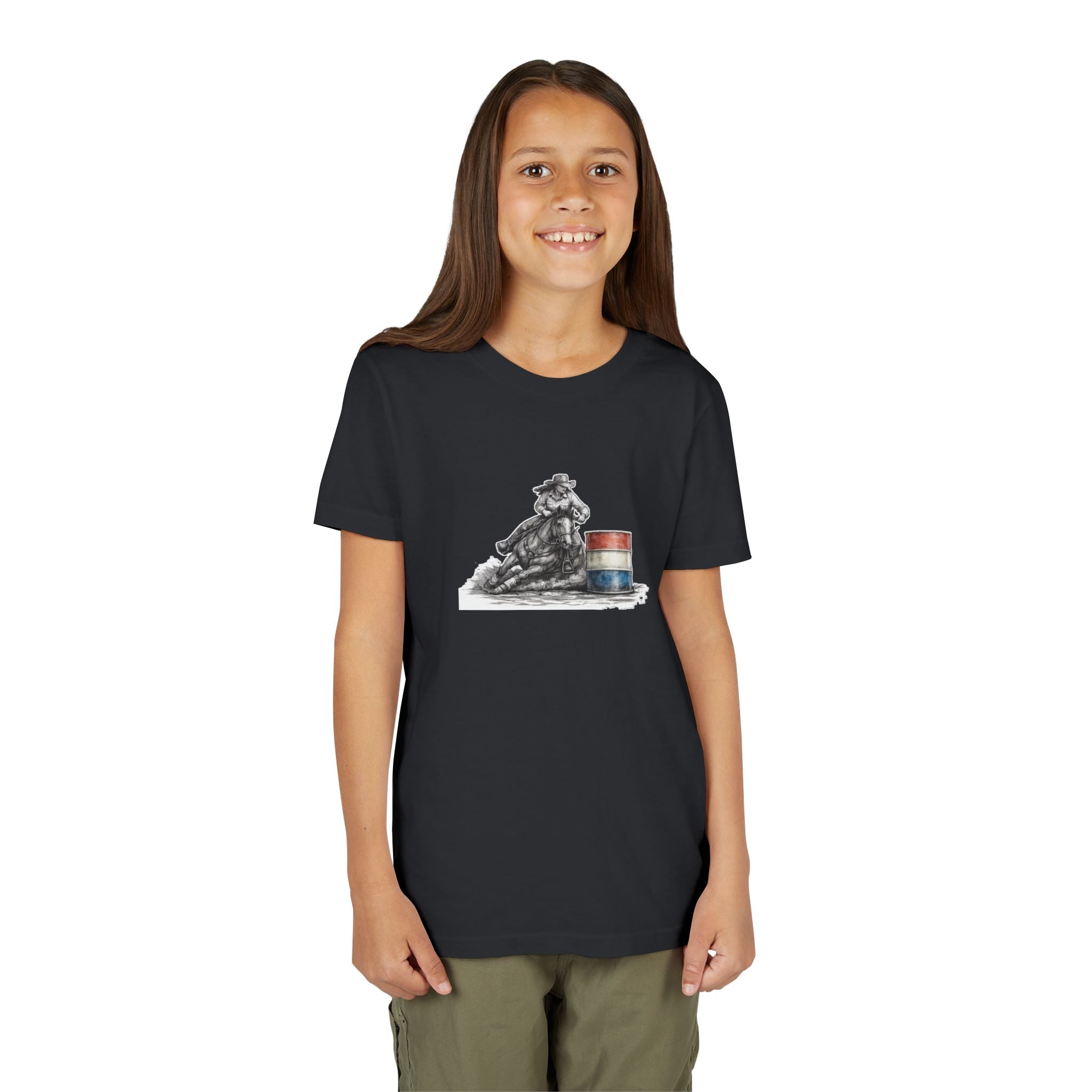 Youth Tee — Rodeo Cowgirl with Patriotic Barrel Graphic