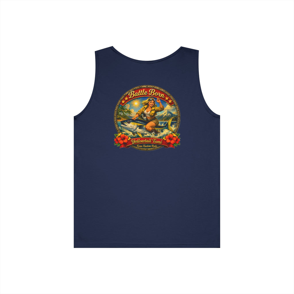 Kona Kustom Rods Tank Top — 'Yellowtail Tami' Retro Beach Graphic
